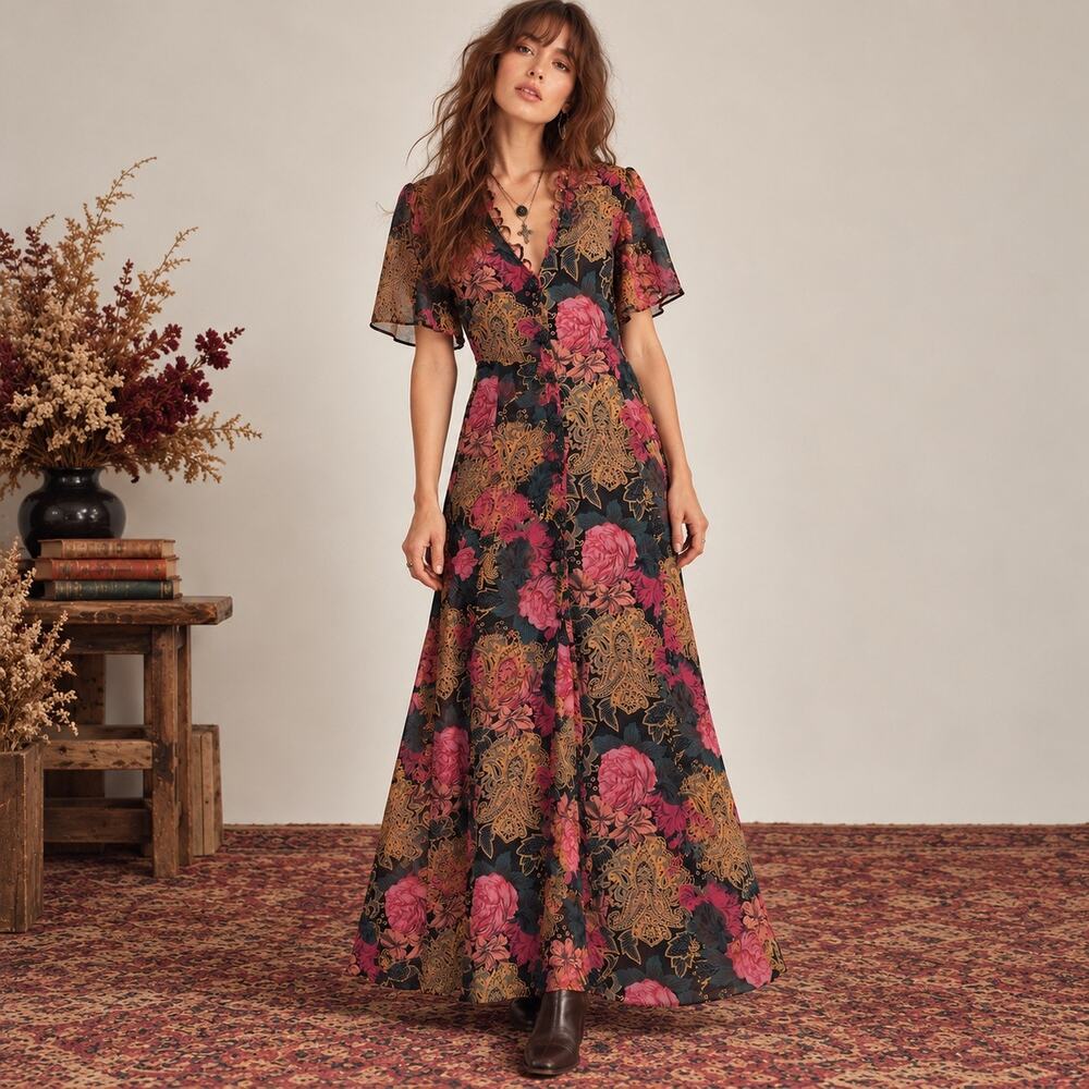 VTG 90s Miss Dorby Dark Floral Paisley Maxi Dress 12 Whimsygoth Practical Magic